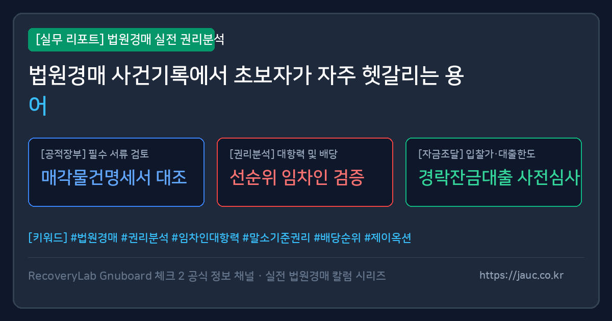 법원경매 사건기록 핵심 용어를 정리한 체크리스트형 안내 이미지