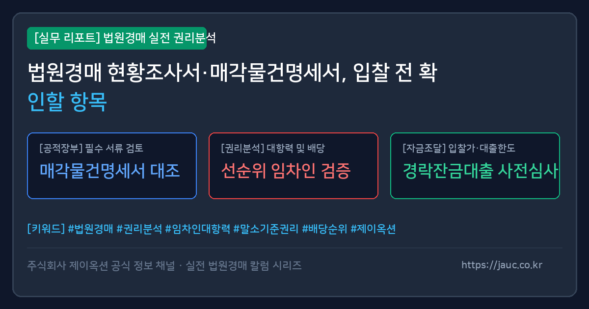 현황조사서와 매각물건명세서 확인 항목을 정리한 체크리스트 문서 그래픽