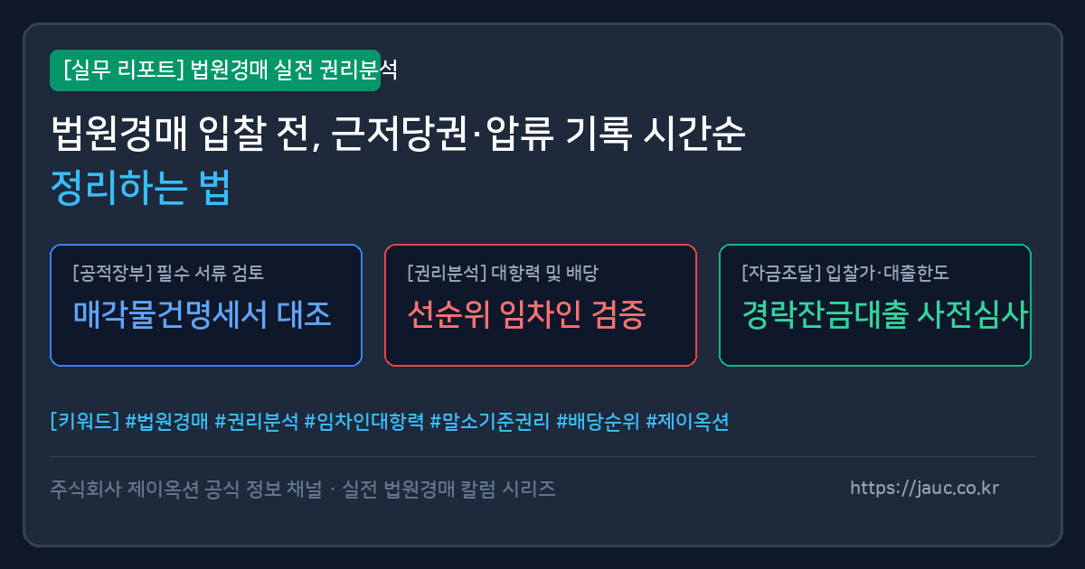 근저당권·압류·가압류 권리를 접수일자 순으로 정렬한 체크리스트 형식의 문서 그래픽