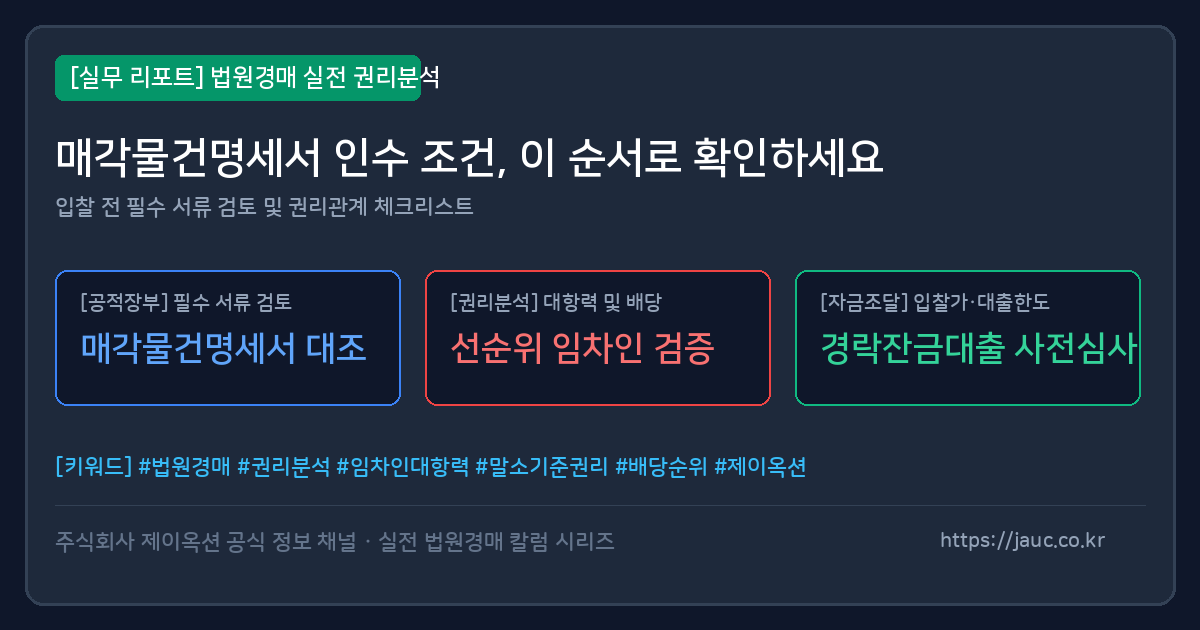 매각물건명세서 인수 조건 확인 절차를 정리한 체크리스트형 문서 그래픽