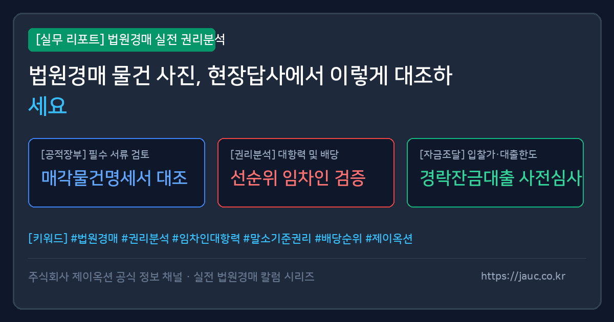 경매 물건 감정평가서 사진과 현장 확인 체크리스트를 비교하는 문서형 인포그래픽