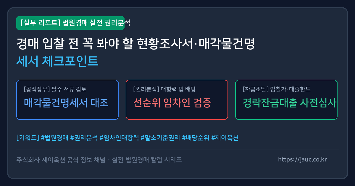 현황조사서와 매각물건명세서 확인 항목을 정리한 체크리스트 문서형 인포그래픽