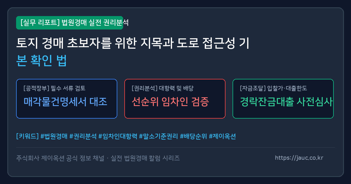 토지 경매 입찰 전 지목과 도로 접근성 확인 항목을 보여주는 그래픽 이미지
