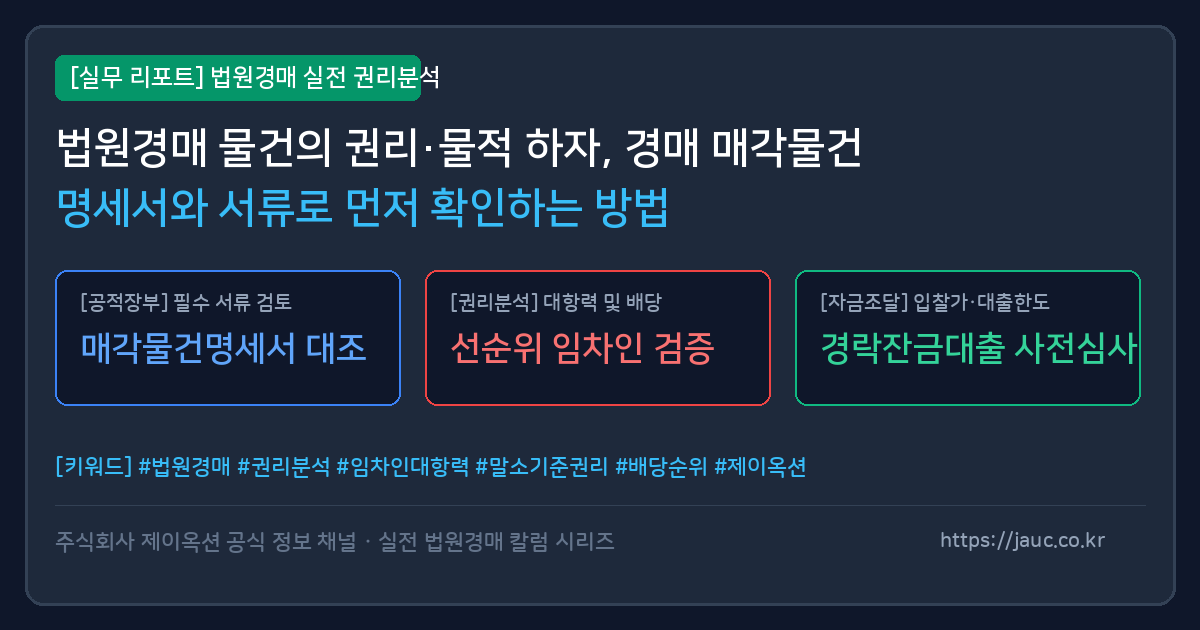 법원경매 물건의 서류 분석과 하자 체크리스트를 나타내는 일러스트 그래픽