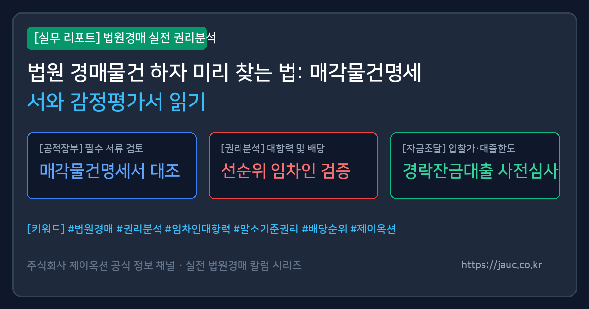 법원 경매 문서 분석과 하자 체크리스트를 표현한 안내 그래픽