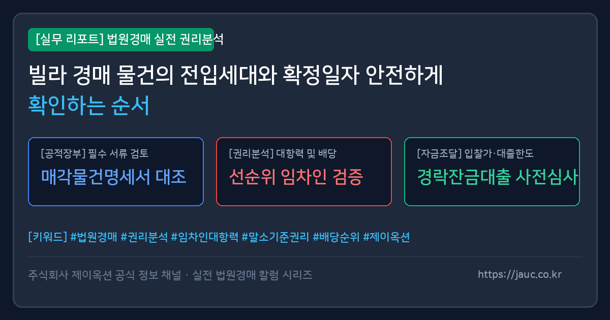 빌라 경매 권리분석 시 전입세대와 확정일자 확인 순서를 안내하는 인포그래픽 이미지