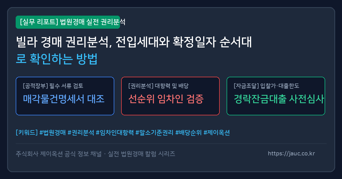 빌라 경매 권리분석 단계와 전입세대 확정일자 확인 순서를 담은 체크리스트 그래픽