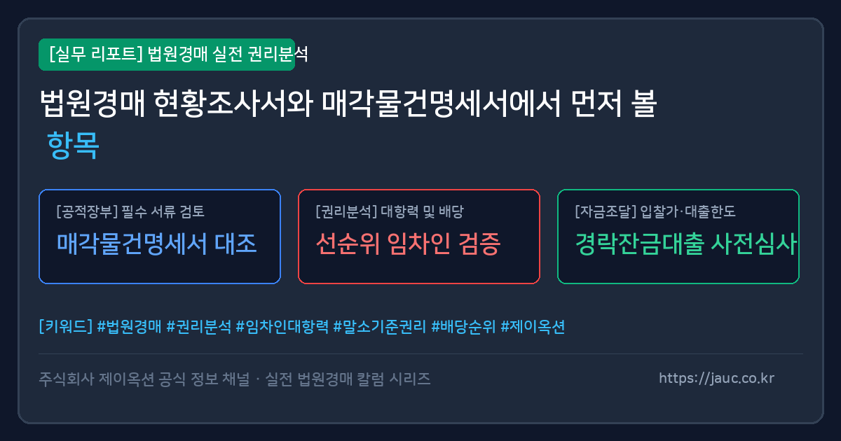 법원경매 현황조사서와 매각물건명세서 필수 확인 항목 체크리스트 그래픽