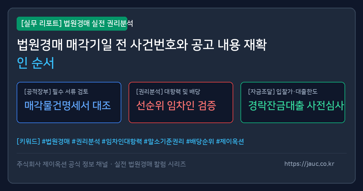 법원경매 매각기일 전 사건번호와 공고 확인 순서를 나타낸 체크리스트 그래픽 이미지