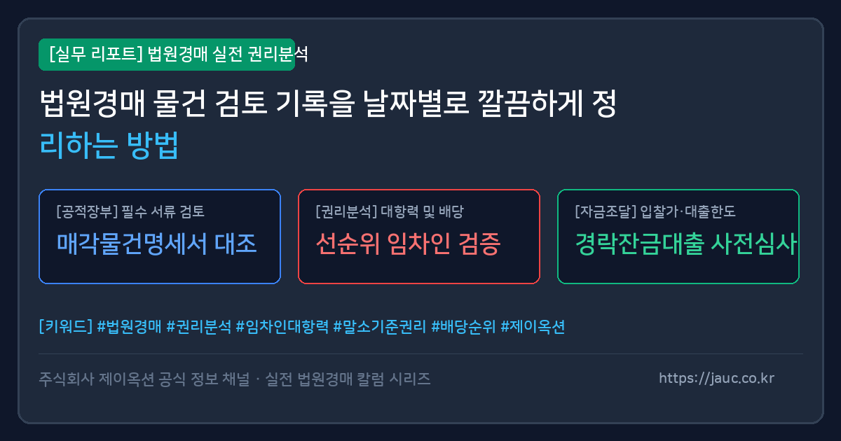 날짜별 경매 물건 검토 체크리스트와 리포트 카드가 정리된 그래픽 이미지