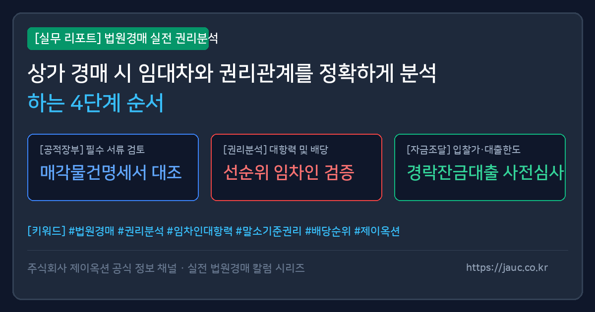 상가 경매 임대차 및 권리관계 검토 순서를 정리한 리포트 카드 그래픽