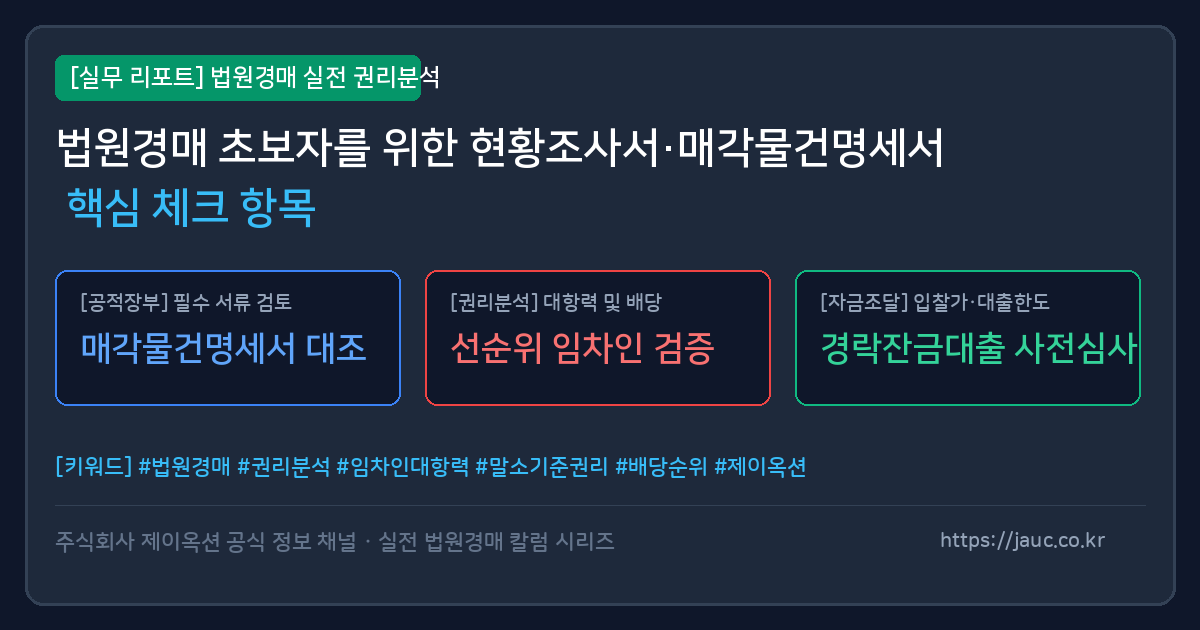 법원경매 현황조사서와 매각물건명세서 핵심 점검 항목이 담긴 리포트 체크리스트 그래픽
