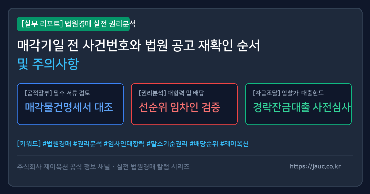 매각기일 전 사건번호와 법원 공고 재확인 순서를 정리한 체크리스트 그래픽