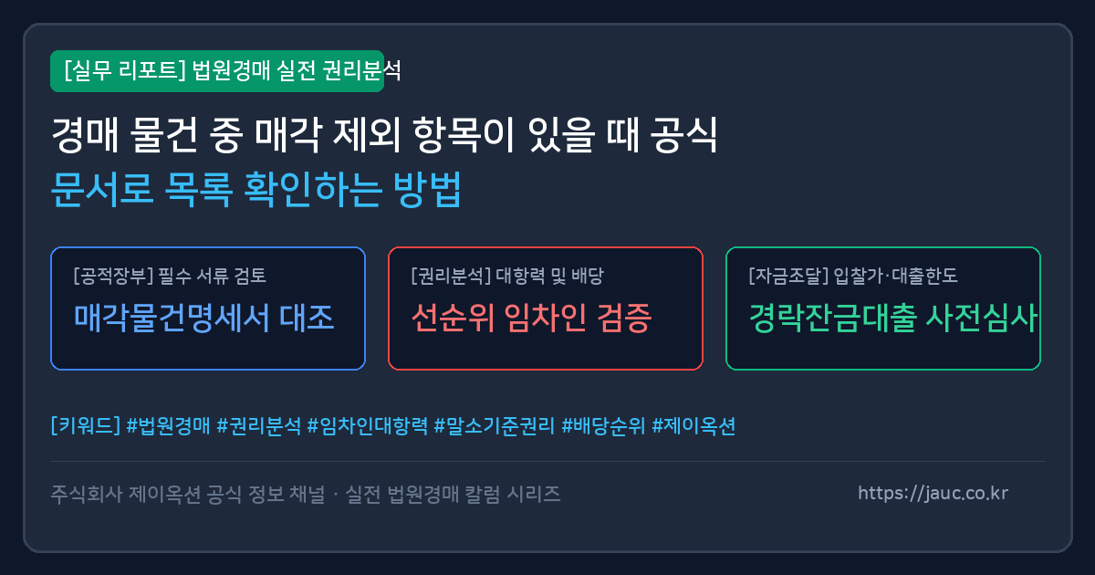 법원 경매 매각 제외 물건 확인 절차 및 서류 검토 항목을 보여주는 인포그래픽 그래픽