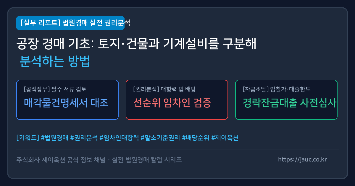 공장 경매 시 토지 건물과 기계설비 구분 분석 항목을 나타낸 리포트 그래픽 이미지