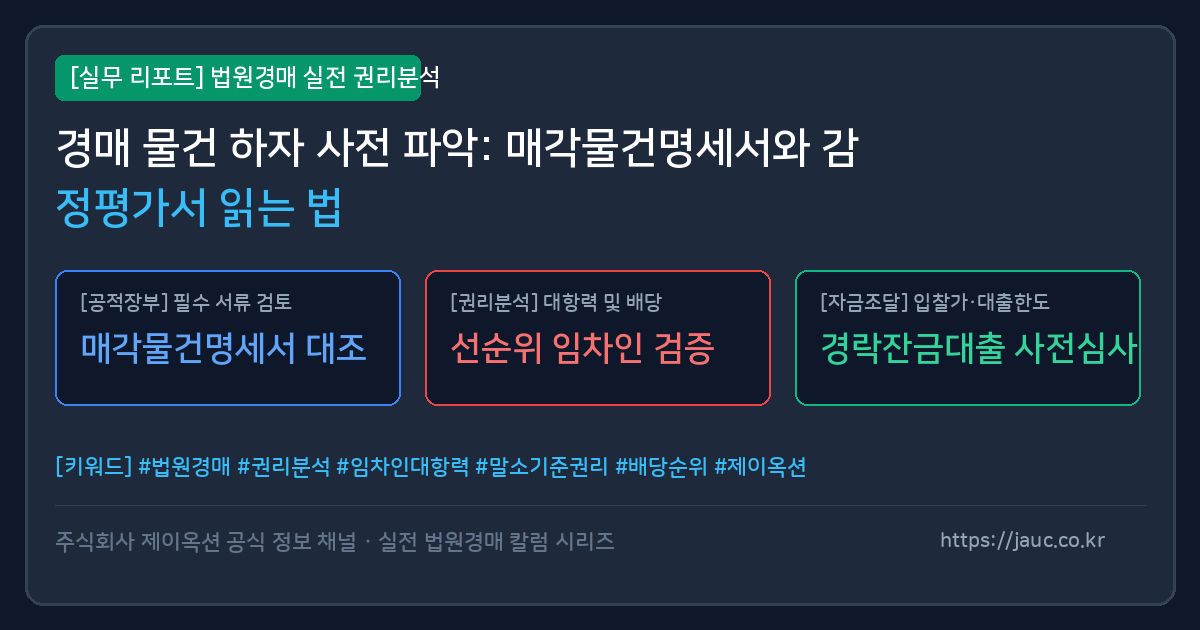 경매 물건 서류 검토 및 하자 체크리스트를 표현한 리포트 그래픽 이미지