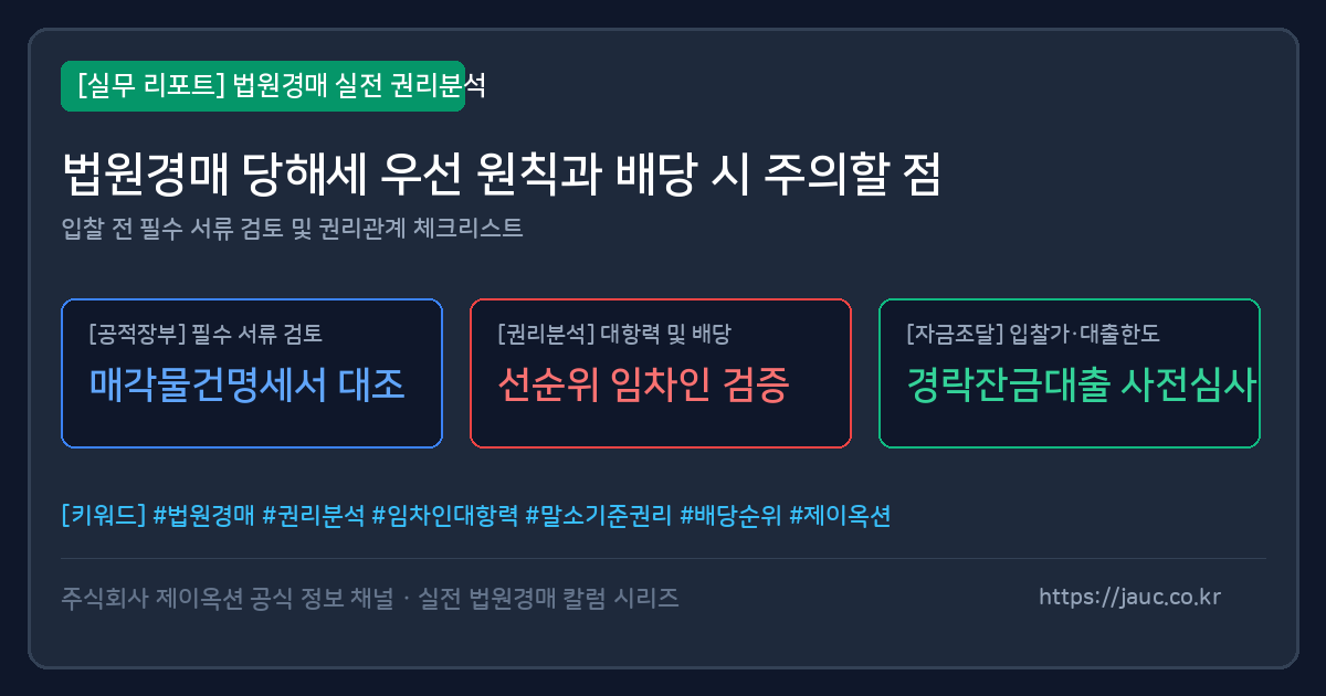 법원경매 매각대금 배당 순위와 당해세 체크포인트를 정리한 인포그래픽 리포트