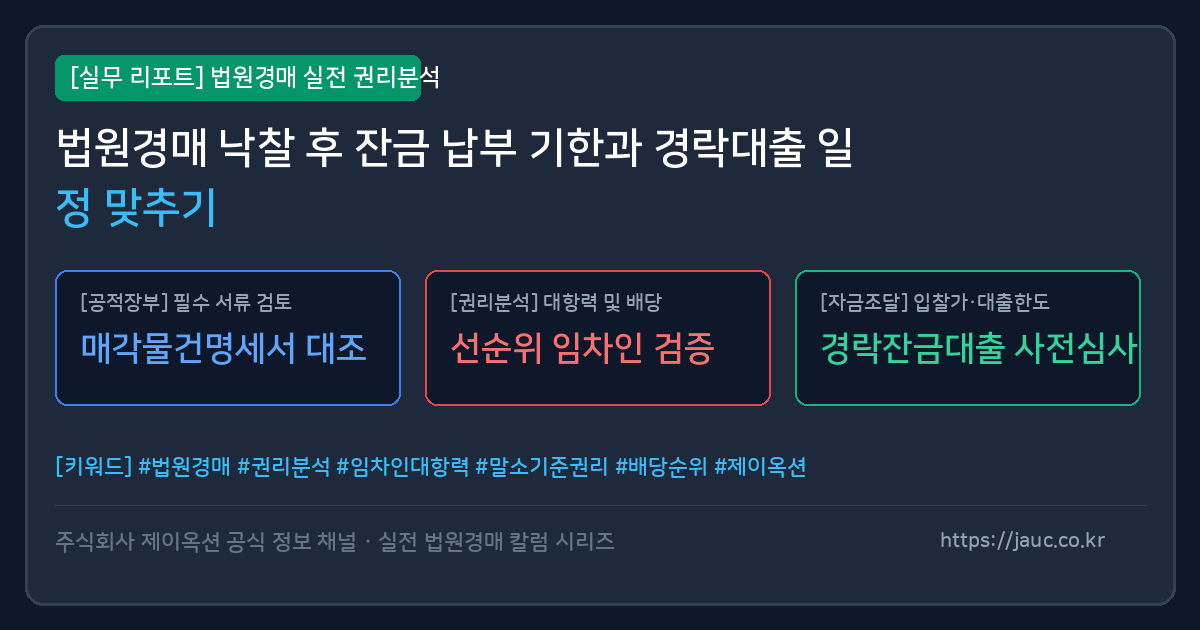 법원경매 낙찰 후 매각허가결정부터 대출 실행과 잔금 납부까지의 일정을 정리한 체크리스트 그래픽