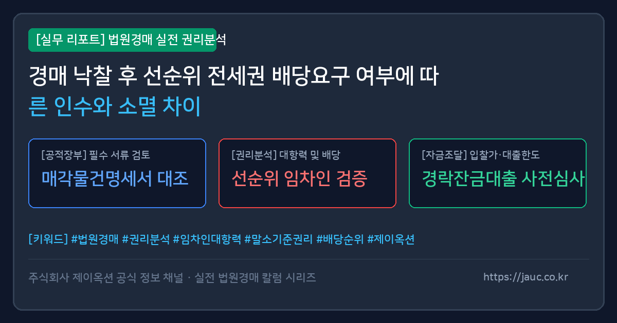 선순위 전세권 배당요구 여부에 따른 인수 및 소멸 차이를 정리한 체크리스트 그래픽