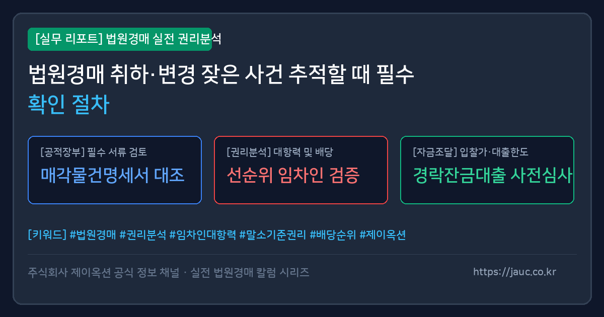 법원경매 취하 및 변경 사건 추적을 위한 체크리스트와 분석 절차 인포그래픽