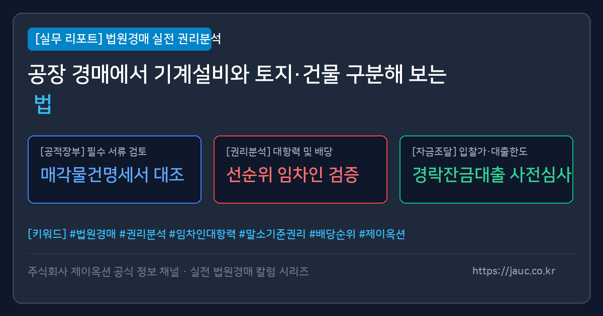공장 경매에서 토지 건물과 기계설비를 구분하는 체크리스트 그래픽