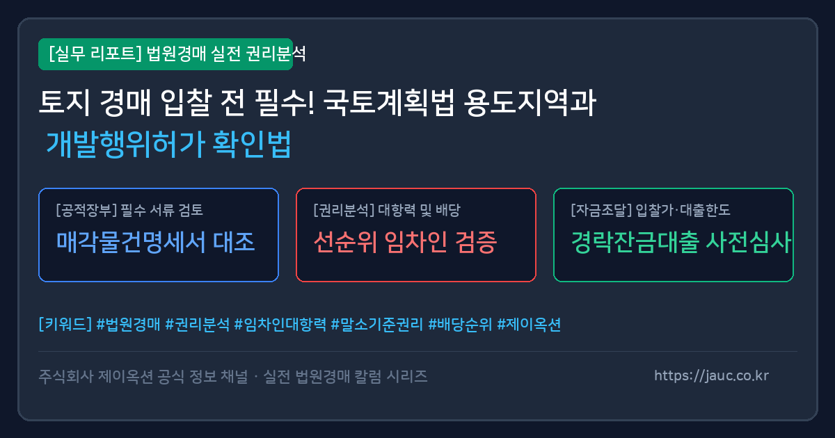토지 경매 시 국토계획법 용도지역과 개발행위허가 확인 사항을 정리한 체크리스트 인포그래픽