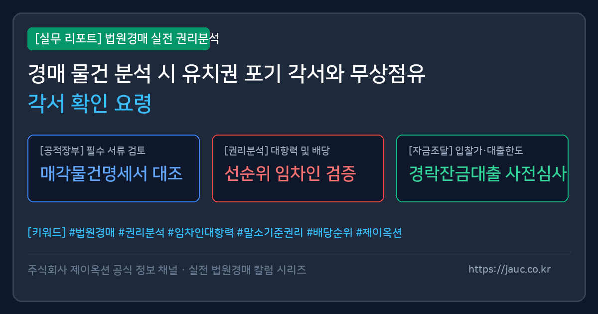 유치권 포기 각서와 무상점유각서 확인 항목이 정리된 경매 문서 분석 체크리스트 그래픽