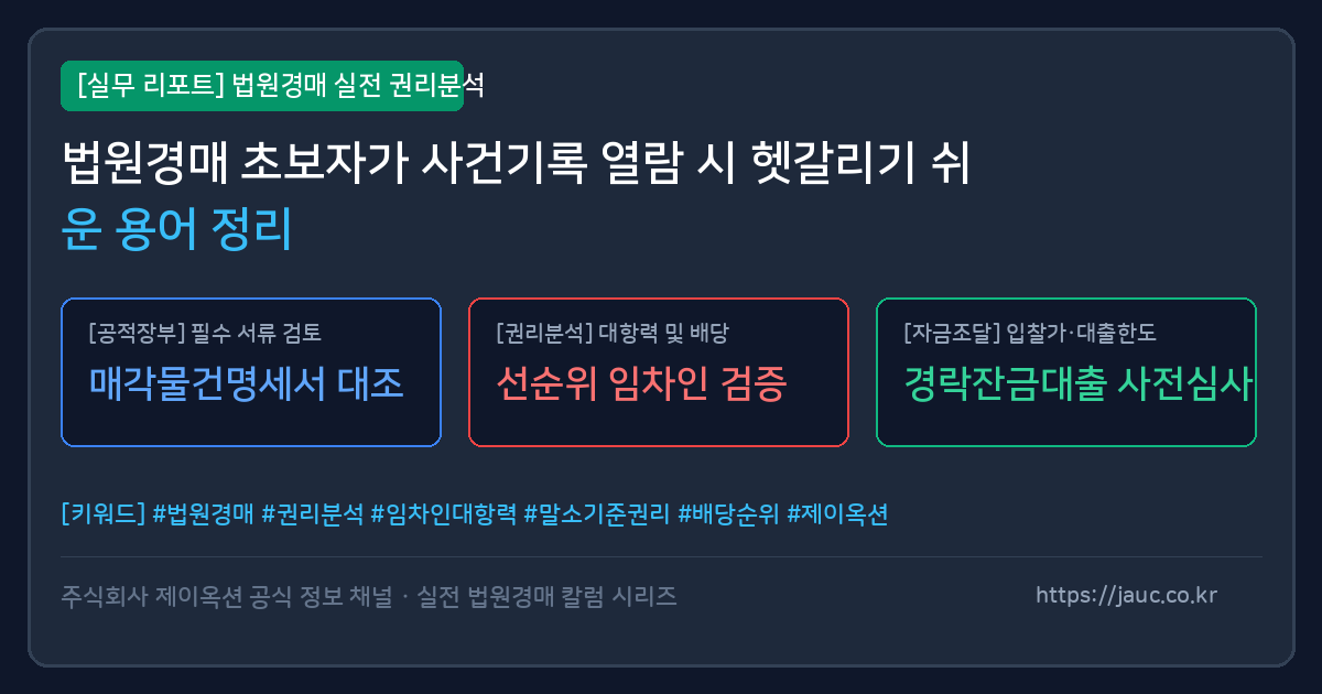 법원경매 사건기록 열람 및 용어 체크리스트를 보여주는 문서형 그래픽