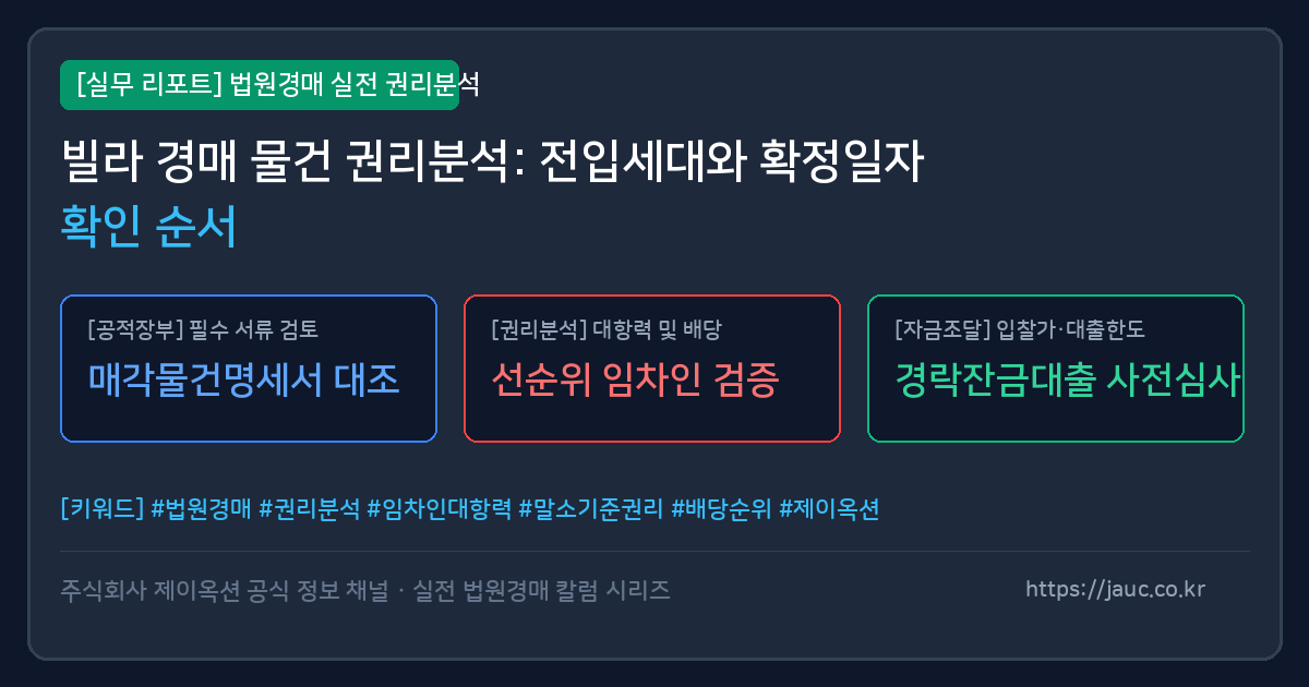 빌라 경매 권리분석 시 전입세대와 확정일자 확인 순서를 정리한 체크리스트 인포그래픽