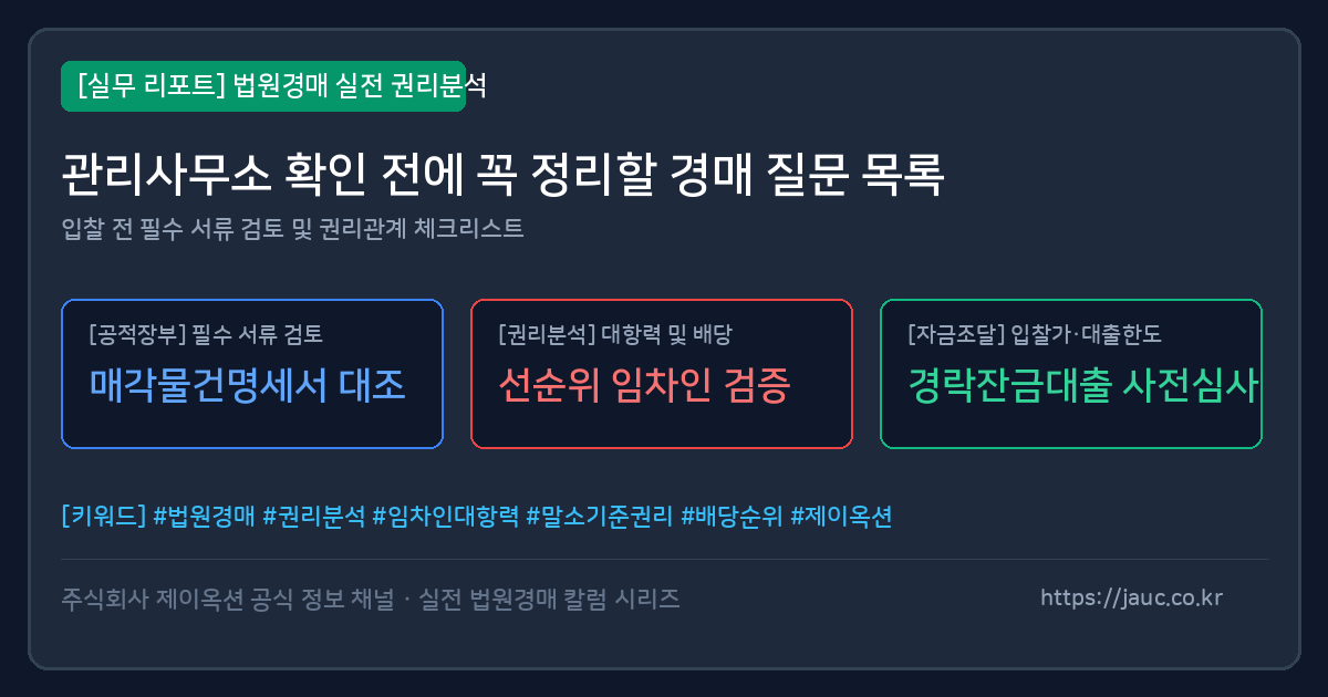 법원경매 전 관리사무소 확인 질문을 정리한 체크리스트형 안내 이미지