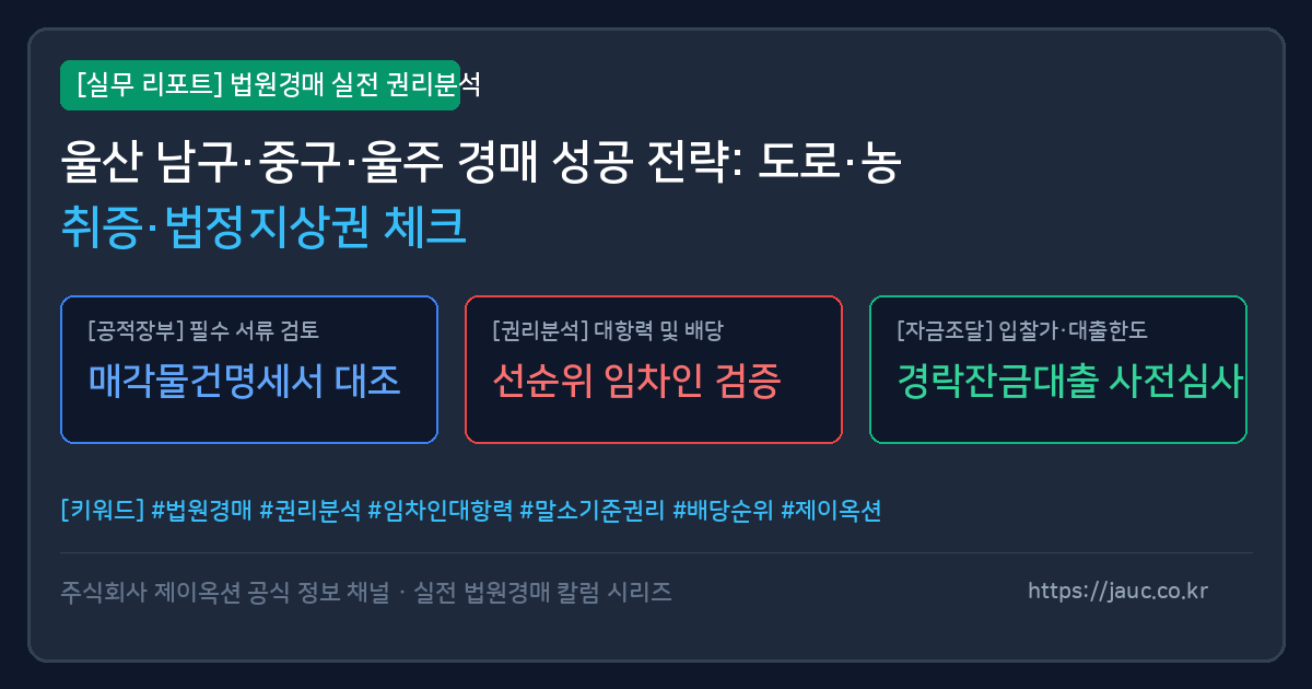 울산 토지 및 농지 경매 시 확인해야 할 도로, 농취증, 법정지상권 체크리스트 인포그래픽