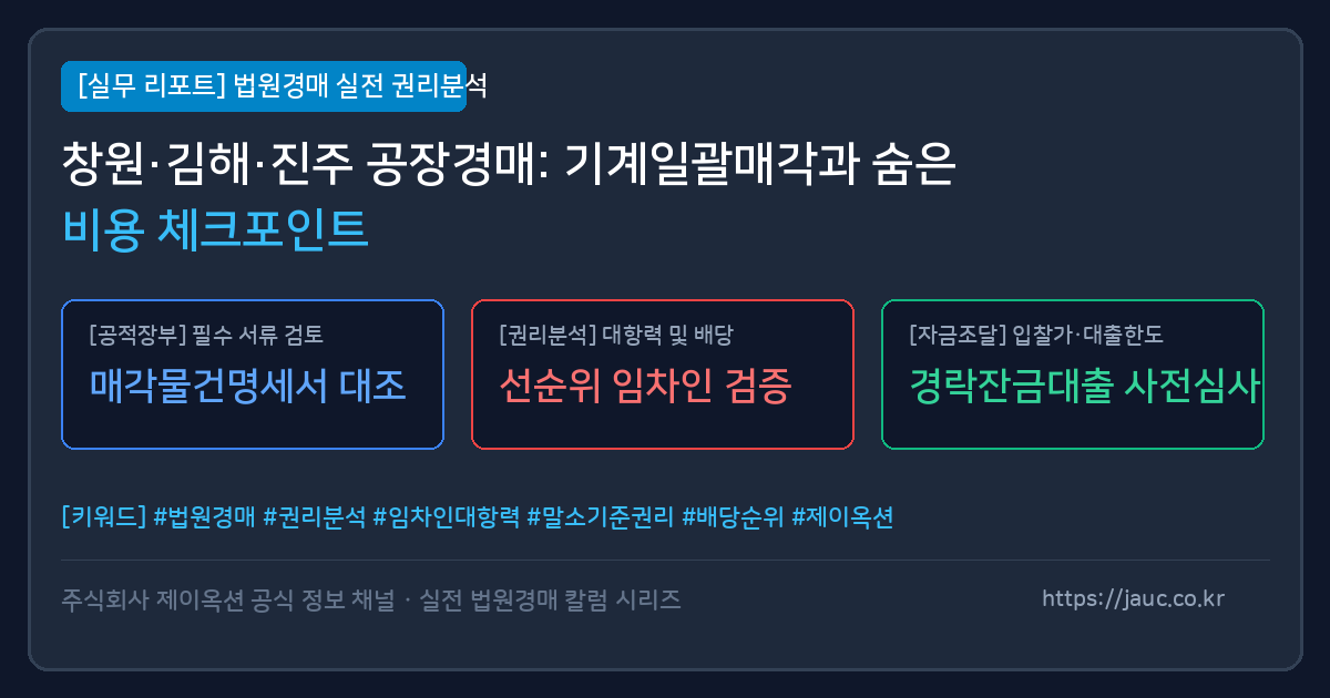 경남 공장 및 창고 경매 시 기계기구 일괄매각과 추가 비용 체크리스트 인포그래픽