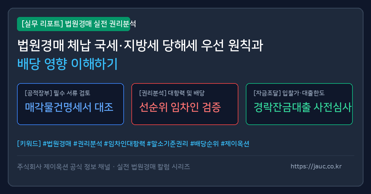 법원경매 체납 국세 및 지방세 당해세 우선 원칙과 배당 순위를 설명하는 인포그래픽 그래픽