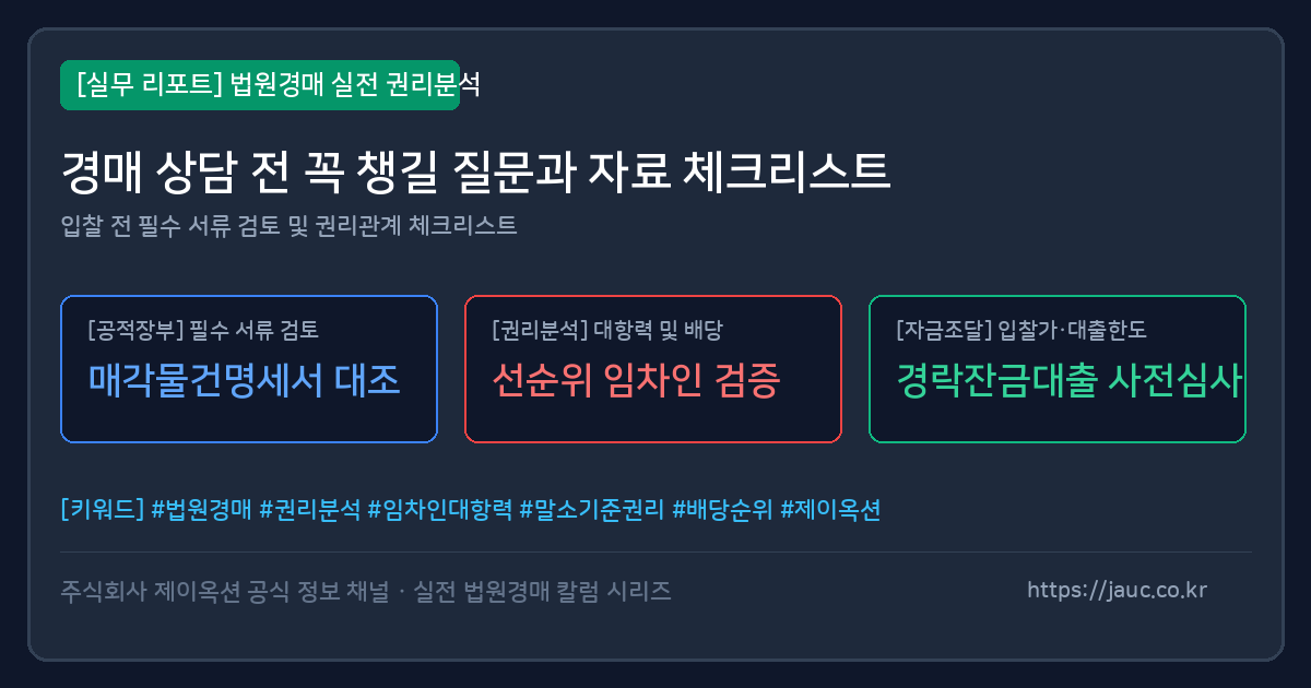 경매 상담 전 질문과 준비서류를 정리한 체크리스트 그래픽