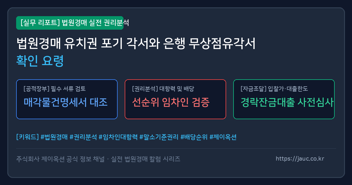 유치권 포기 각서 및 무상점유각서 확인 사항을 정리한 문서형 체크리스트 그래픽