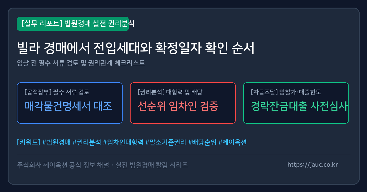빌라 경매에서 전입세대와 확정일자 확인 순서를 정리한 체크리스트 그래픽