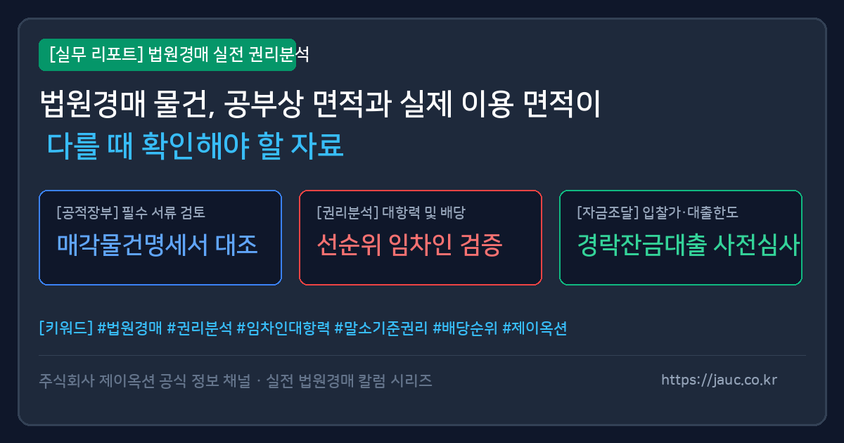 경매 물건의 공부상 면적과 실제 이용 면적 차이 확인을 위한 문서 및 체크리스트 인포그래픽