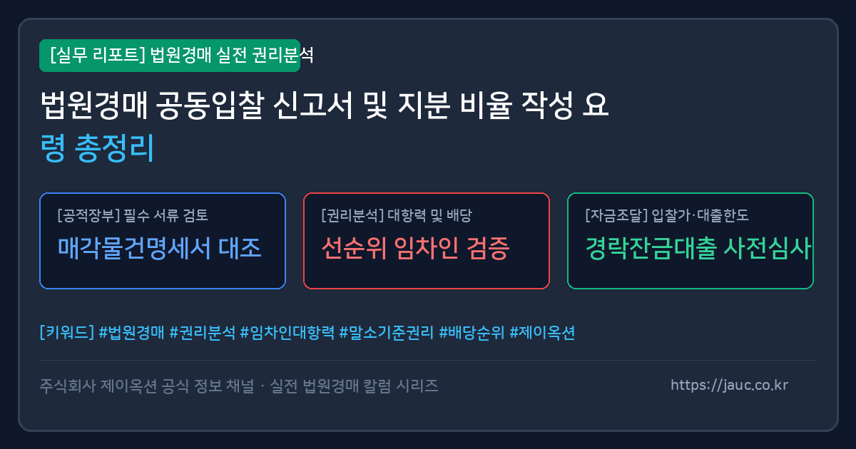 법원경매 공동입찰 신고서 및 지분 비율 작성 요령을 정리한 인포그래픽