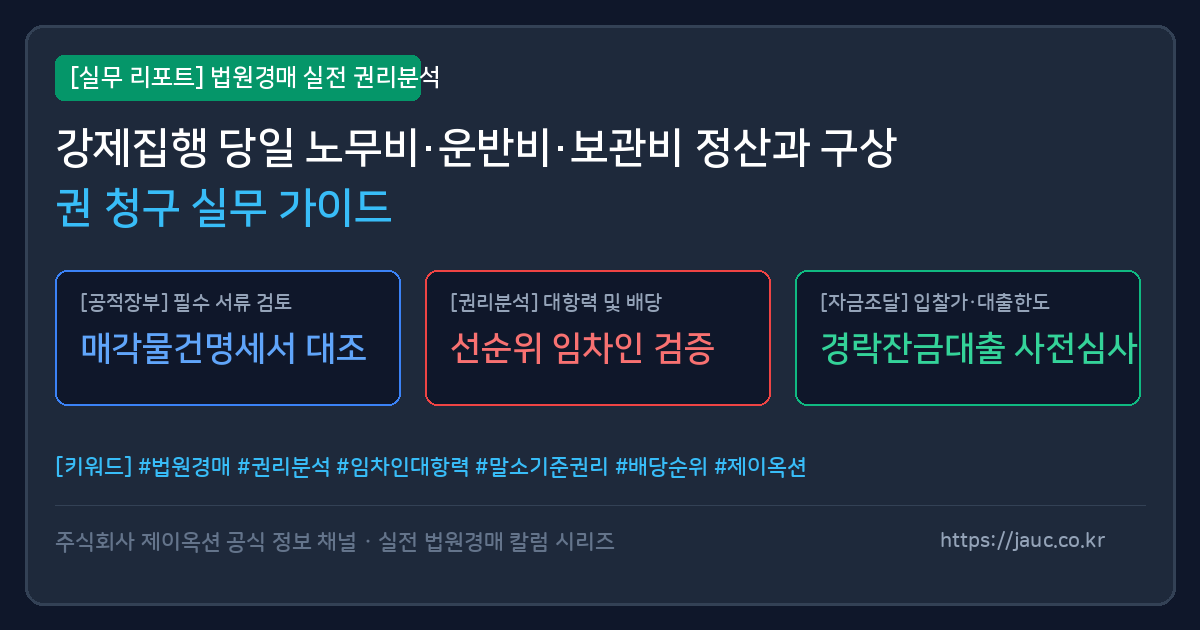강제집행 노무비, 운반비, 보관비 정산 및 구상권 청구 절차 요약 인포그래픽
