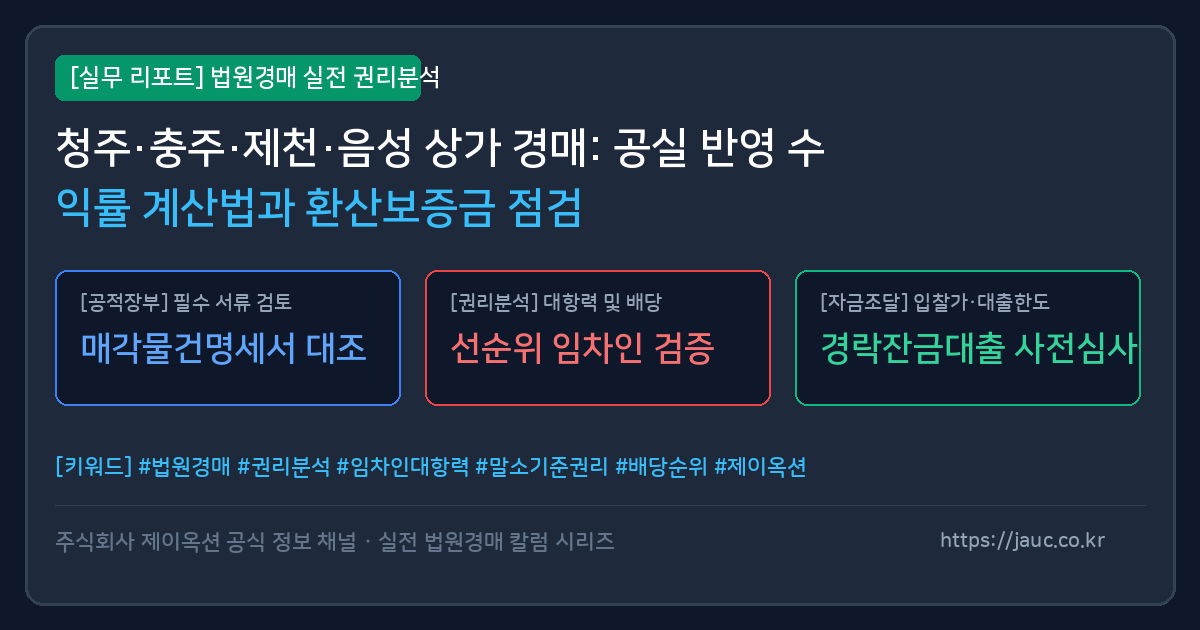 충북 상가 경매 공실 분석 및 환산보증금 체크리스트 인포그래픽
