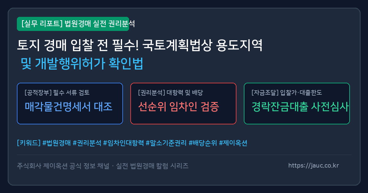 토지 경매 시 국토계획법상 용도지역 및 개발행위허가 확인 사항을 정리한 체크리스트 인포그래픽