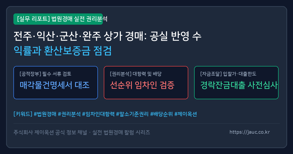전북 지역 상가 경매 공실 수익률 계산 및 환산보증금 체크리스트 인포그래픽