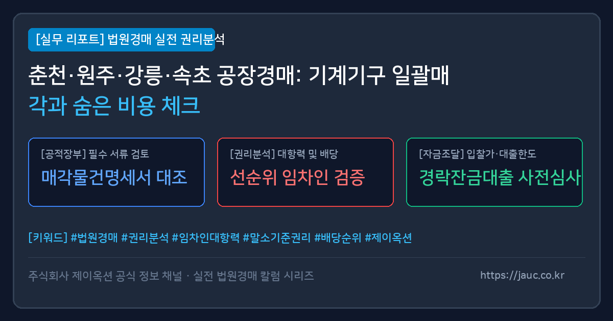 강원 공장 창고 경매 시 기계기구 일괄매각 및 숨은 비용 체크리스트 인포그래픽