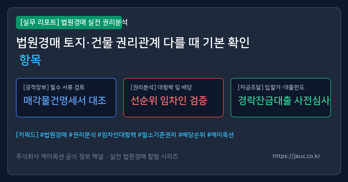 토지와 건물 권리관계가 다른 경매 물건 확인 항목을 정리한 체크리스트 인포그래픽
