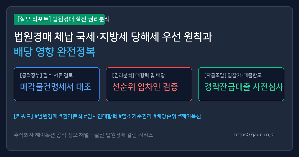 법원경매 체납 국세 및 지방세 당해세 우선 원칙과 배당 순위를 설명하는 인포그래픽 리포트 카드