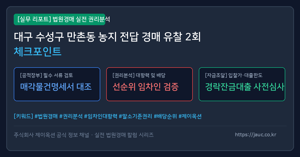 대구 수성구 만촌동 농지 경매 유찰 및 최저 입찰가 체크리스트 인포그래픽