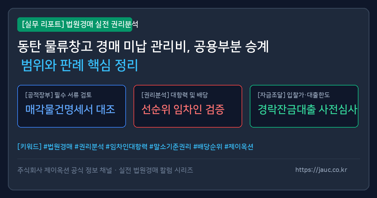 화성 동탄 물류창고 경매 미납 관리비 공용부분 승계 범위 안내 인포그래픽