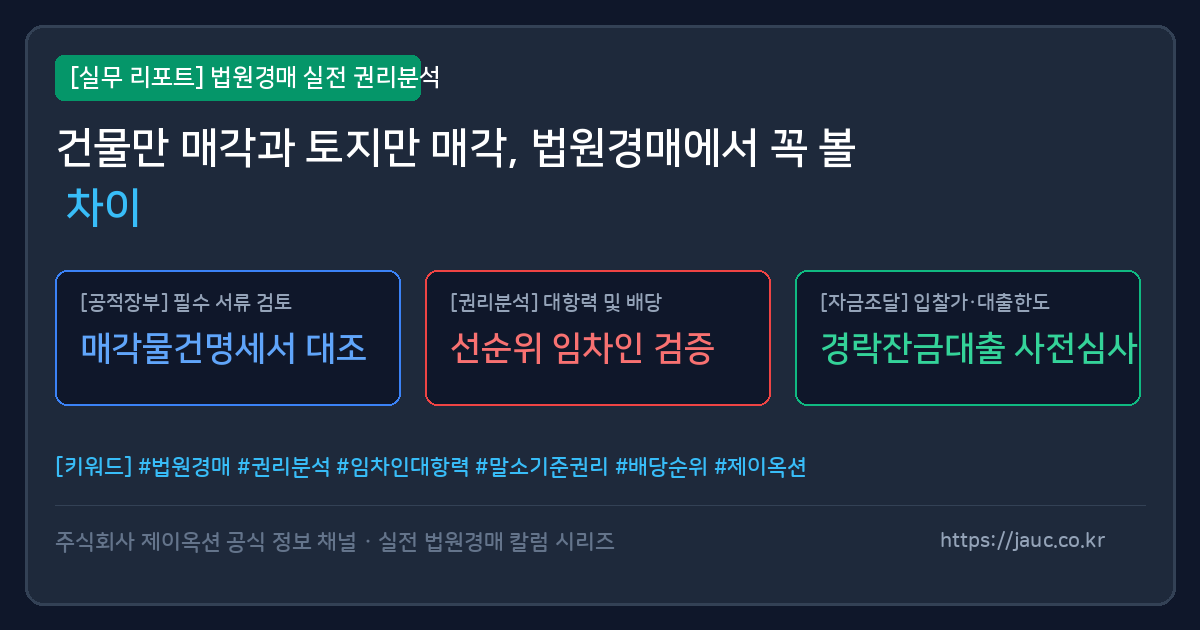 건물만 매각과 토지만 매각의 차이를 비교한 경매 체크리스트 그래픽