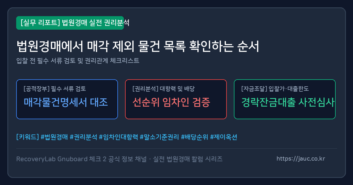 법원경매 서류에서 매각 제외 물건 확인 절차를 정리한 체크리스트 그래픽