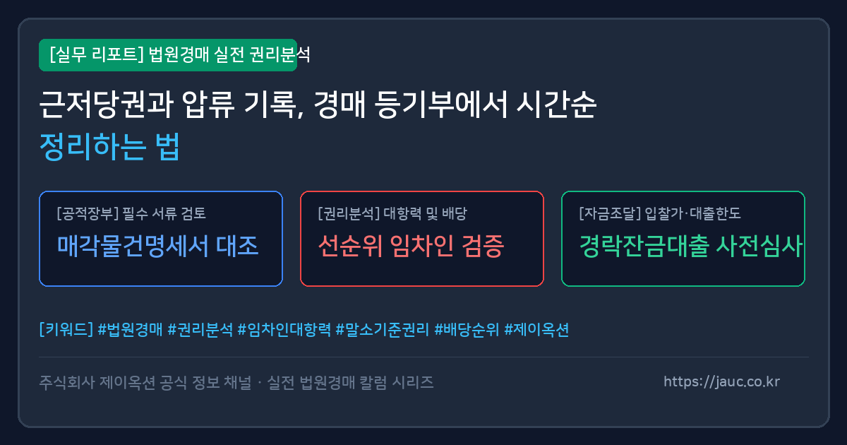 근저당권과 압류 기록을 시간순 체크리스트로 정리한 경매 권리분석 안내 이미지